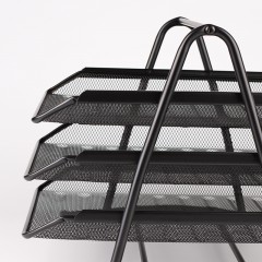 齐心 金属网格三层文件盘文件收纳架资料架文件栏黑色B2163文件架