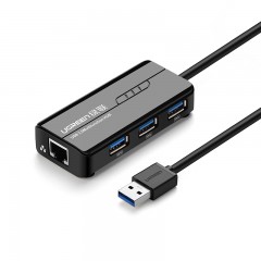 绿联usb网卡转换器带3口hub笔记本电脑usb转网线接口百兆千兆网卡外置3.0接口扩展器高速网络支持校园宽带