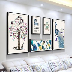 国产 北欧现代简约客厅装饰画沙发背景墙创意挂画餐厅组合有框孔雀壁画