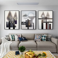 国产 北欧抽象黑白装饰画创意组合三联画现代简约客厅壁画原创手绘挂画