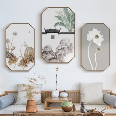 国产 荷花禅意八边形挂画新中式卧室书房客厅装饰画玄关壁画竖版中国风