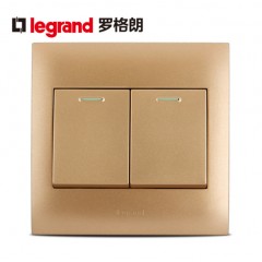 罗格朗 香槟金二位双控带荧光86型双开双控荧光开关插座面板2开