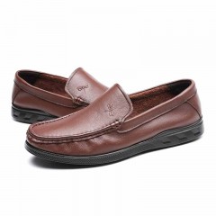 红蜻蜓 男鞋冬季新款真皮休闲皮鞋低跟套脚乐福鞋软面皮老头鞋