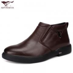 七匹狼 棉鞋冬季新款高帮头层牛皮黑色加绒保暖商务休闲真皮毛皮鞋