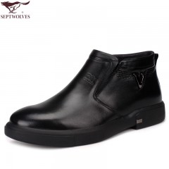 七匹狼 棉鞋冬季新款高帮头层牛皮黑色加绒保暖商务休闲真皮毛皮鞋
