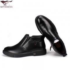 七匹狼 棉鞋冬季新款高帮头层牛皮黑色加绒保暖商务休闲真皮毛皮鞋