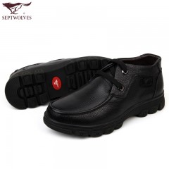 七匹狼 棉鞋冬季高帮保暖头层牛皮商务休闲真皮毛皮鞋子长毛绒