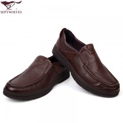 七匹狼 男鞋头层牛皮男士日常休闲套脚棕色橡胶底真皮皮鞋子