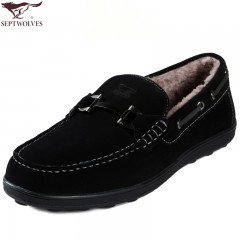 七匹狼 男士毛皮鞋秋冬新款潮英伦休闲鞋软牛皮保暖低帮男鞋棉鞋子