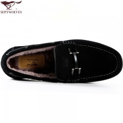 七匹狼 男士毛皮鞋秋冬新款潮英伦休闲鞋软牛皮保暖低帮男鞋棉鞋子