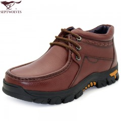 七匹狼 棉鞋冬季头层牛皮男士工装加绒保暖高帮真皮毛皮鞋