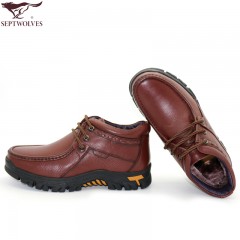 七匹狼 棉鞋冬季头层牛皮男士工装加绒保暖高帮真皮毛皮鞋