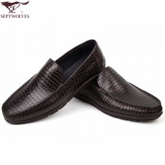 七匹狼 男鞋压花格纹头层牛皮男士套脚时尚商务休闲 舒适耐磨