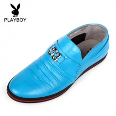 花花公子 男鞋男士时尚防折皱头层牛皮浅蓝色真皮时尚休闲鞋子