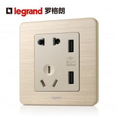 罗格朗 逸典金色五孔带USB开关插座面板86型墙壁充电双口家用