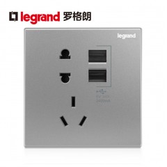 罗格朗 逸景深砂银五孔带USB开关插座面板灰色充电双口家用逸景
