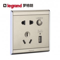 罗格朗 A9缎沙金五孔带USB开关插座面板86型墙壁充电双口家用 HE25/10USL-C2