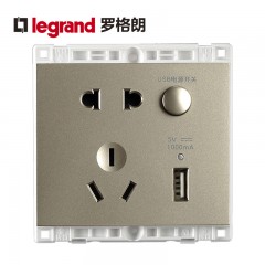 罗格朗 A9缎沙金五孔带USB开关插座面板86型墙壁充电双口家用 HE25/10USL-C2
