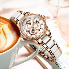 冠琴 四叶草女机械表潮流手表 女防水夜光真牛皮腕表