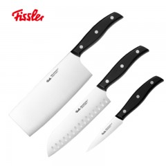 菲仕乐（Fissler）精致系列刀具三件套+EM-FS-KN0003-1+材质：不锈钢+塑胶 规格：刀刃18CM（中式菜刀）       刀刃17CM（多用刀）       刀刃9CM（去皮刀） 颜色：银色+计量单位：套+起订量：100