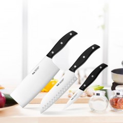 菲仕乐（Fissler）精致系列刀具三件套+EM-FS-KN0003-1+材质：不锈钢+塑胶 规格：刀刃18CM（中式菜刀）       刀刃17CM（多用刀）       刀刃9CM（去皮刀） 颜色：银色+计量单位：套+起订量：100