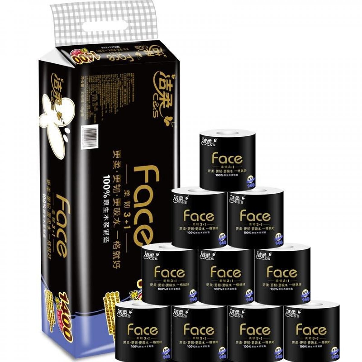 洁柔 卷纸 黑Face 4层140g 10卷/提（白色）
