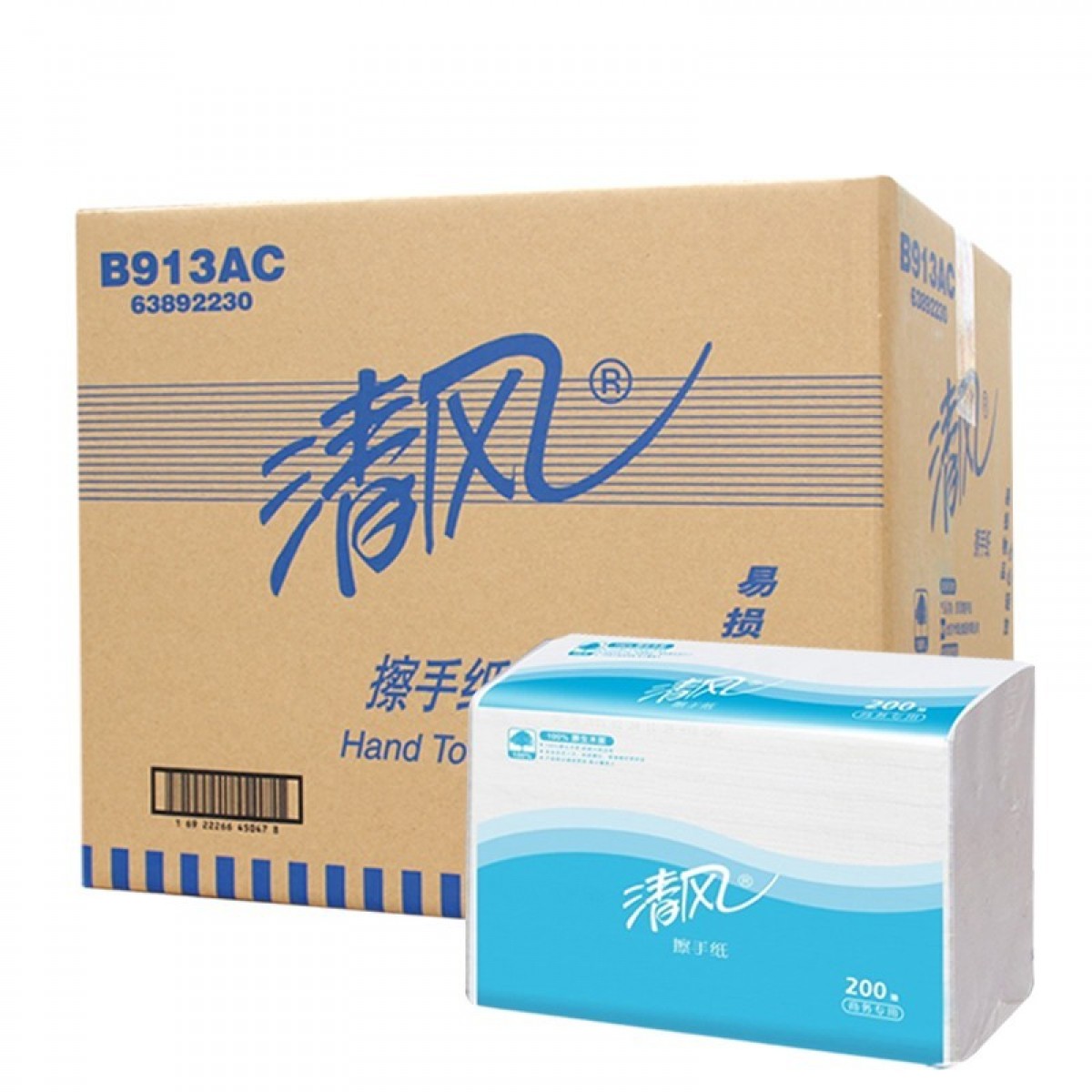 清风（Breeze）B913AC 清风单层三折擦手纸 （225mm×230mm/抽）×200抽/包×20包/箱 单位：箱