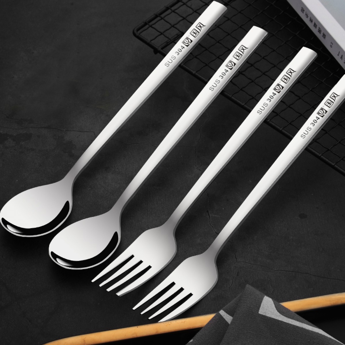 国风304不锈钢叉勺子筷子套装长柄搅拌勺家用勺韩式调羹汤匙饭勺 304长柄匙2支+长柄叉2支 单位：组 5组起订