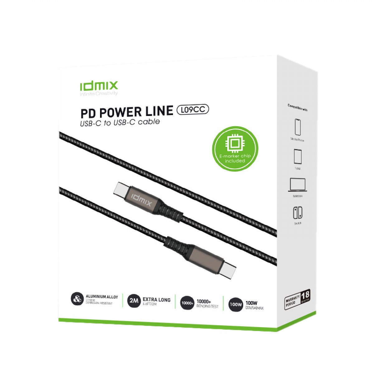 IDMIX Type-C公对公2米数据线带芯片PD100W快充5A手机充电线适用于苹果MAC华为电脑 灰色 2米  单位：条