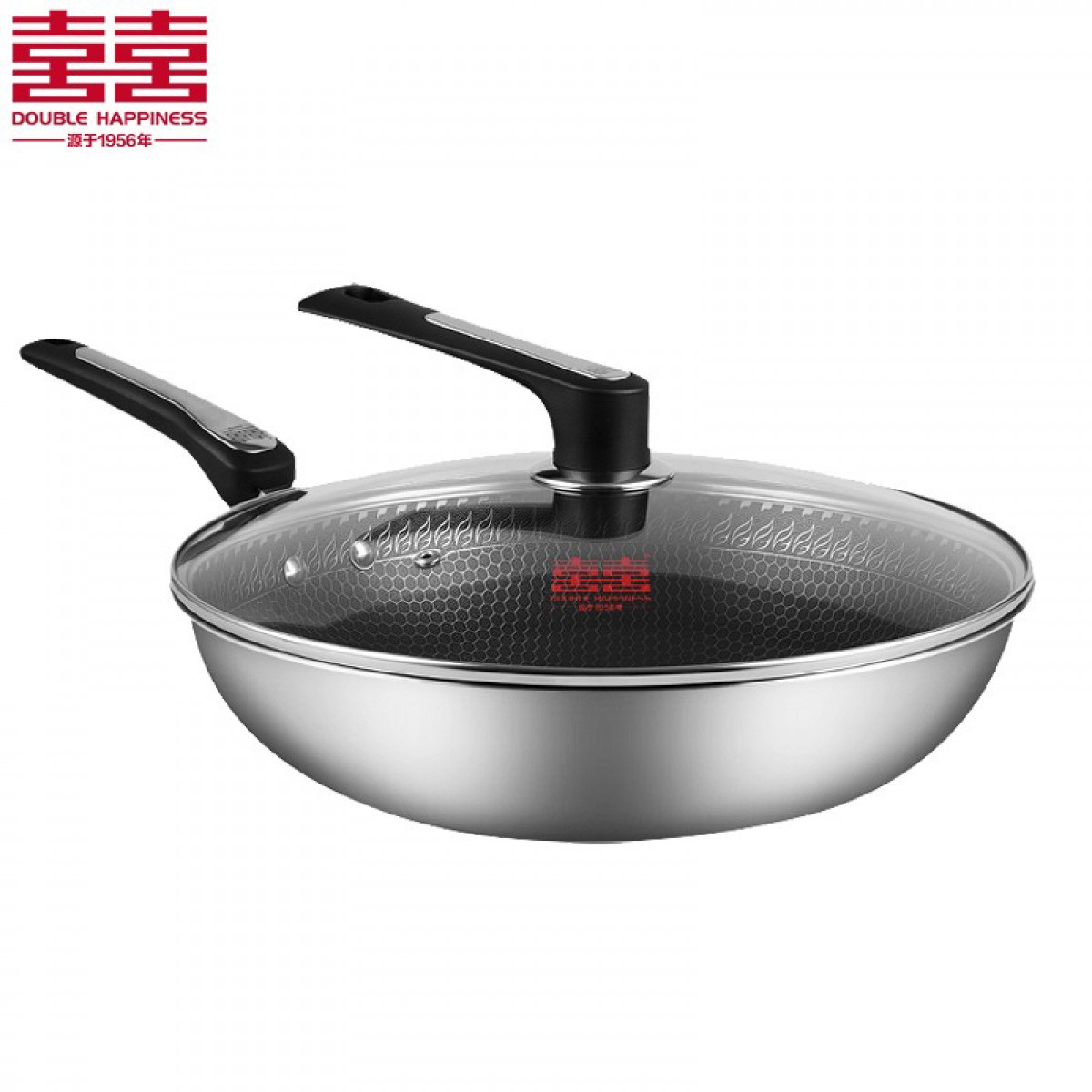 双喜 炒锅不锈钢轻油少烟不挑灶具不粘耐用炒锅易清洗家用商用锅具 单面套装（含锅盖）32cm  单位：套