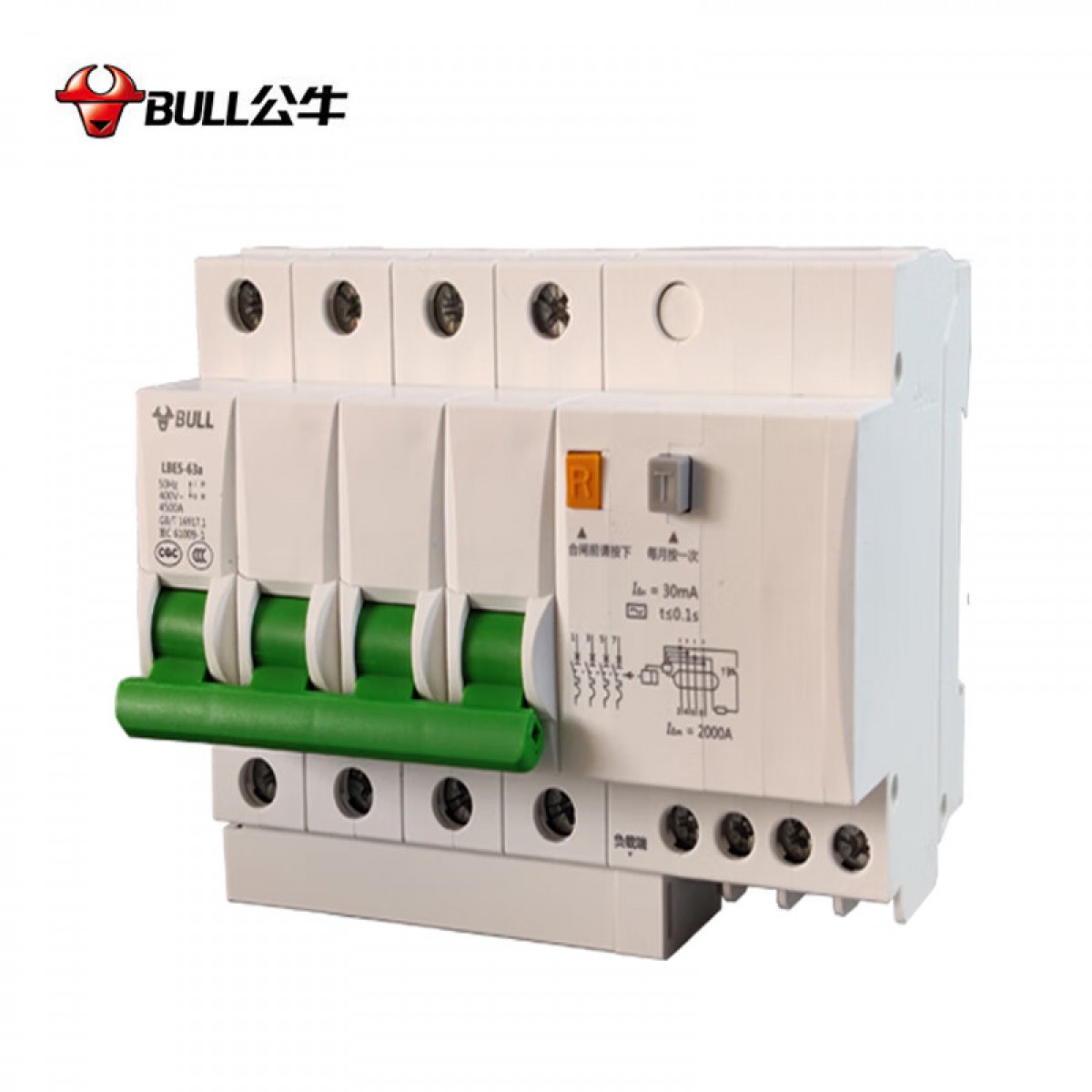 公牛 空气开关LBE5-63A系列4P漏电保护断路器 三相四线 C型电子式32A LBE5-63a/32A-4P/C  单位：个