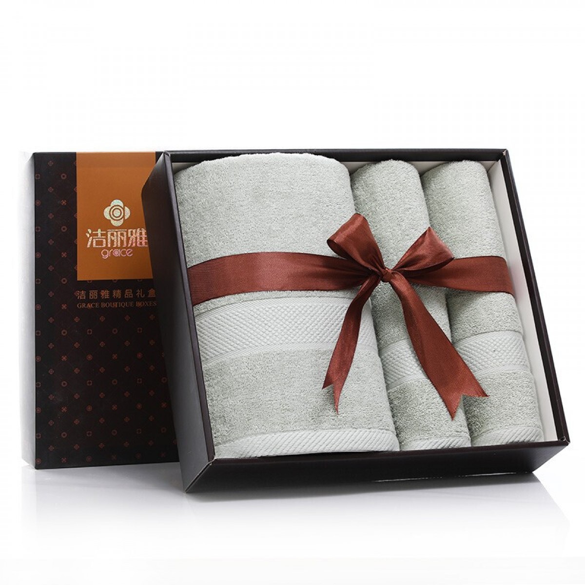 洁丽雅（Grace）灰绿毛巾浴巾礼盒三件套 纯棉加厚成人男女礼盒套装 含手提袋 单位：套