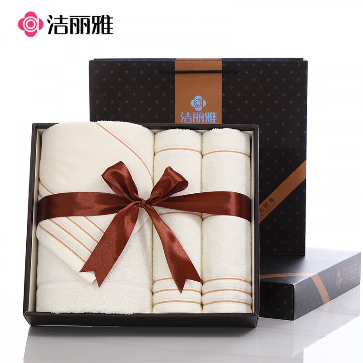 洁丽雅（Grace）米色毛巾浴巾礼盒三件套 纯棉加厚成人男女礼盒套装 含手提袋 单位：套