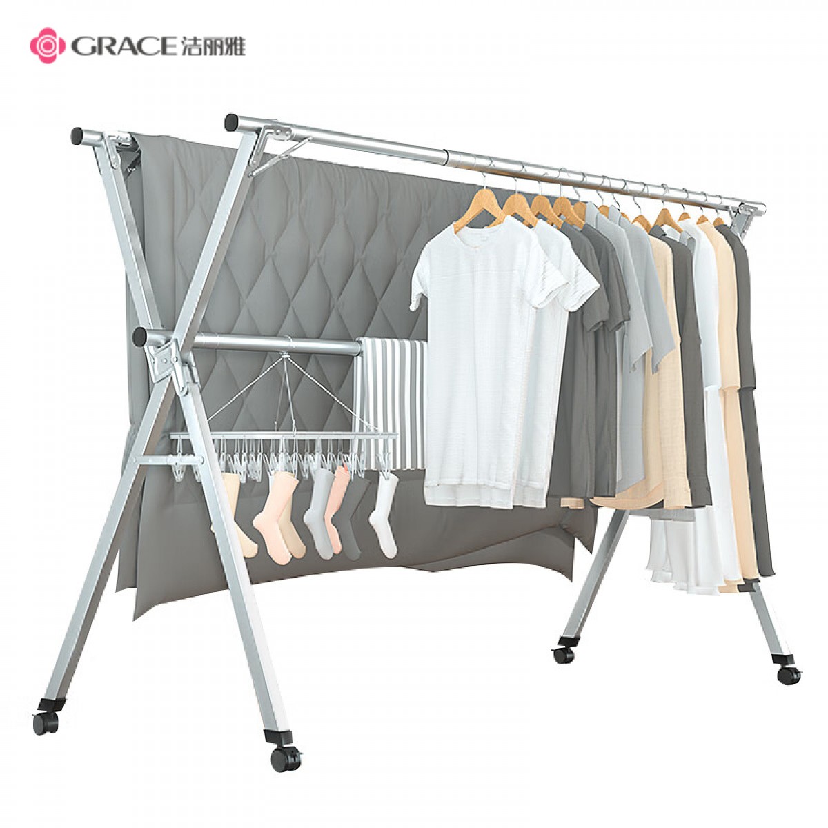 洁丽雅（Grace）落地晾衣架 衣架三杆不锈钢折叠晾衣杆伸缩移动晒被架 单位：个