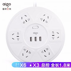 爱国者(aigo)防雷插座 插线板插排接线板拖线板 抗电涌防过载保护3USB+6孔大间距圆盘形 全长1.8米SR21PRO 单位：个