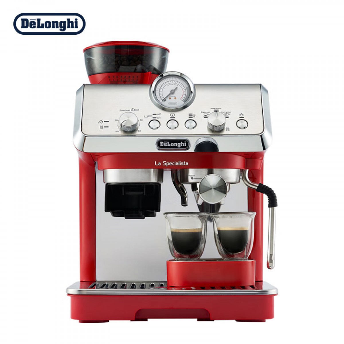 德龙（Delonghi）咖啡机 骑士系列半自动咖啡机 意式家用 泵压萃取 一体式研磨器 小巧机身 EC9155.R 红色 单位：台