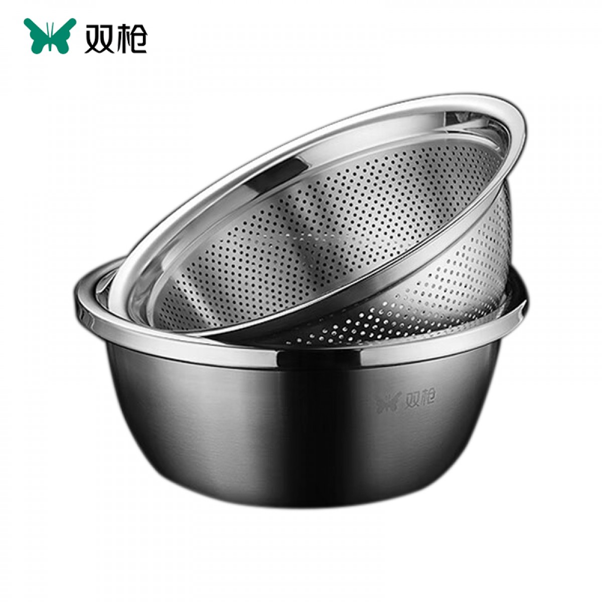 双枪 304食品级不锈钢盆筛两件套厨房铁盆洗菜盆和面盆沥水篮 单位：个
