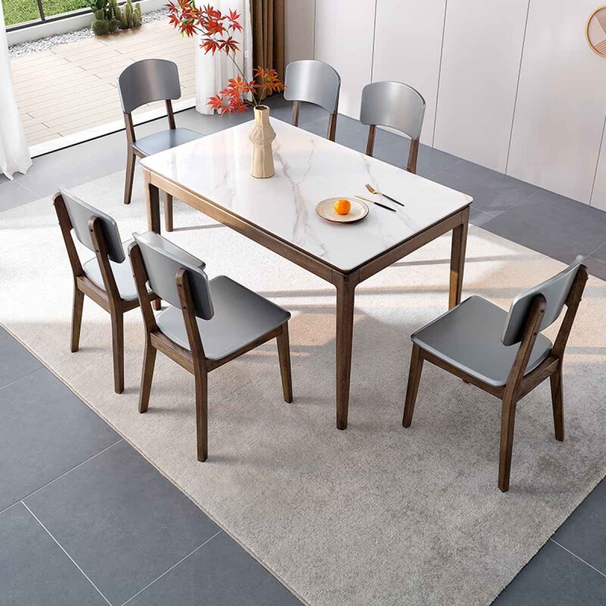 全友家居 餐桌北欧风岩板餐桌实木框架简约稳固结构餐厅长条桌吃饭桌子127902 餐桌(岩板)+127902餐椅*6 单位：套