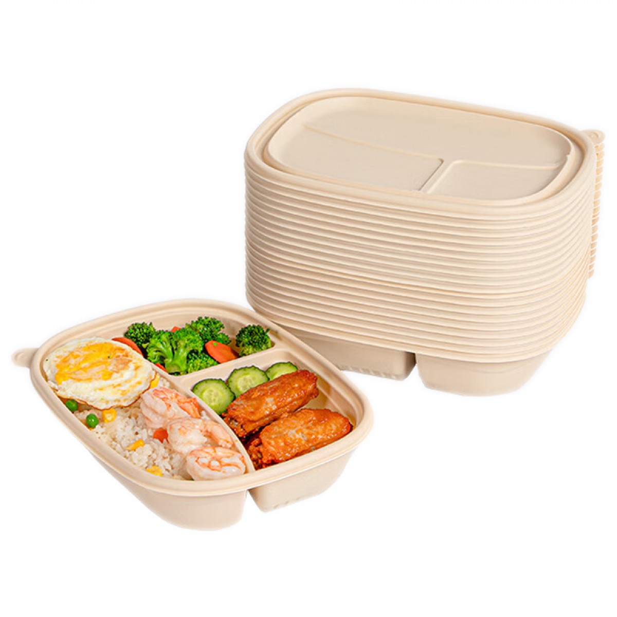 云蕾一次性饭盒分格餐盒带盖 100ml 3格*10套（带盖） 餐具打包快餐盒加厚便当盒饭碗 单位：套