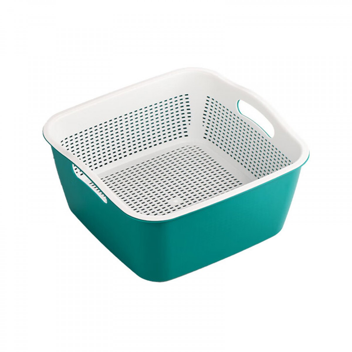 茶花 双层pp材质洗菜篮沥水篮洗水果篮厨房盆筛滤水篮菜篮子加厚 【快速沥水】方形蓝绿色L号 单位:个