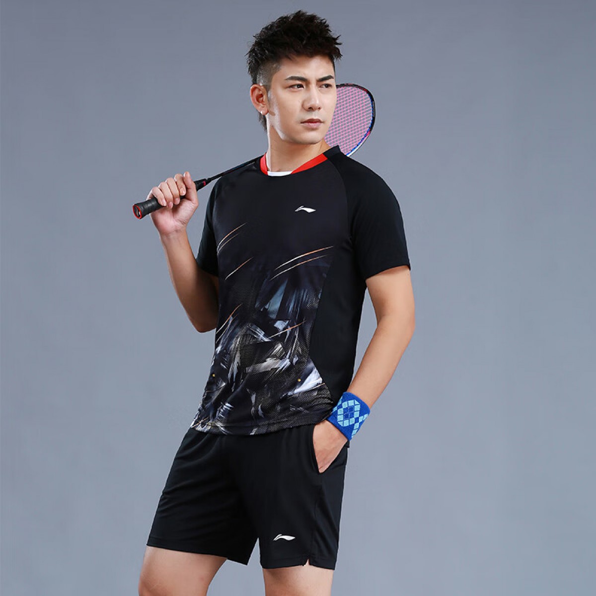 李宁 2024李宁羽毛球服套装男款短袖短裤运动服女网球乒乓球服速干定制 男子/黑色上衣/黑色短裤 (S/M/L/XL/XXL) 单位：套